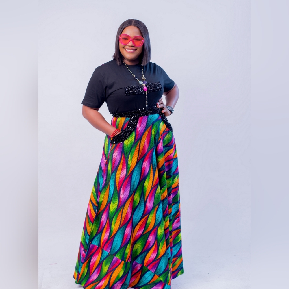 Empress Set|Black Sequin Tee + African Print Maxi Skirt|Multiple Pattern &Sizes - Picture 10 of 11
